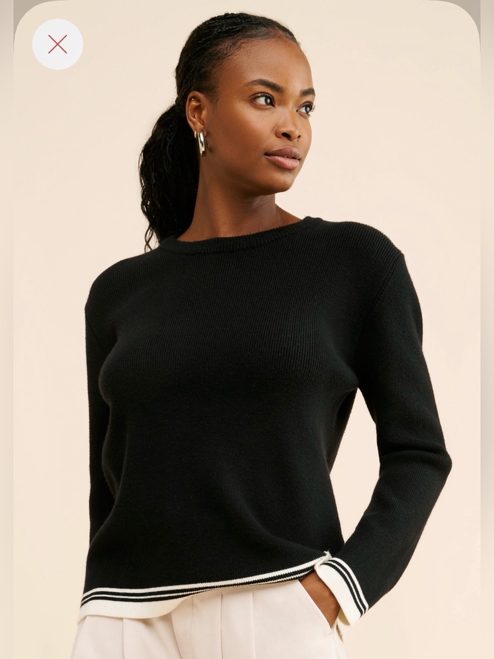 English Factory Black Crewneck Sweater with Cream Stripe Hem